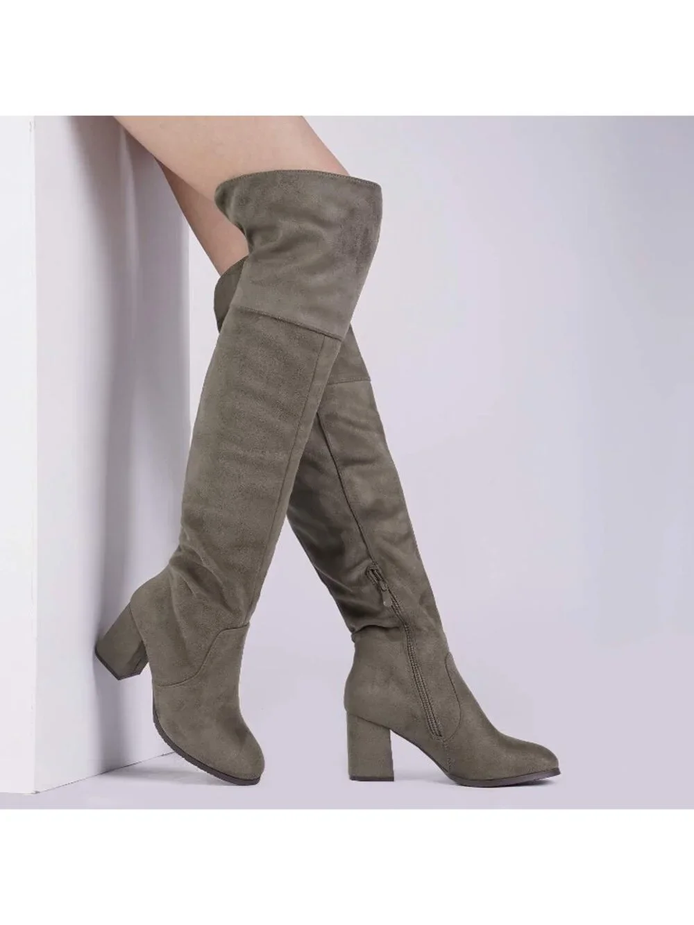 Women's Khaki Round Toe Side Zipper Chunky Heel Over The Knee Thigh High Boots